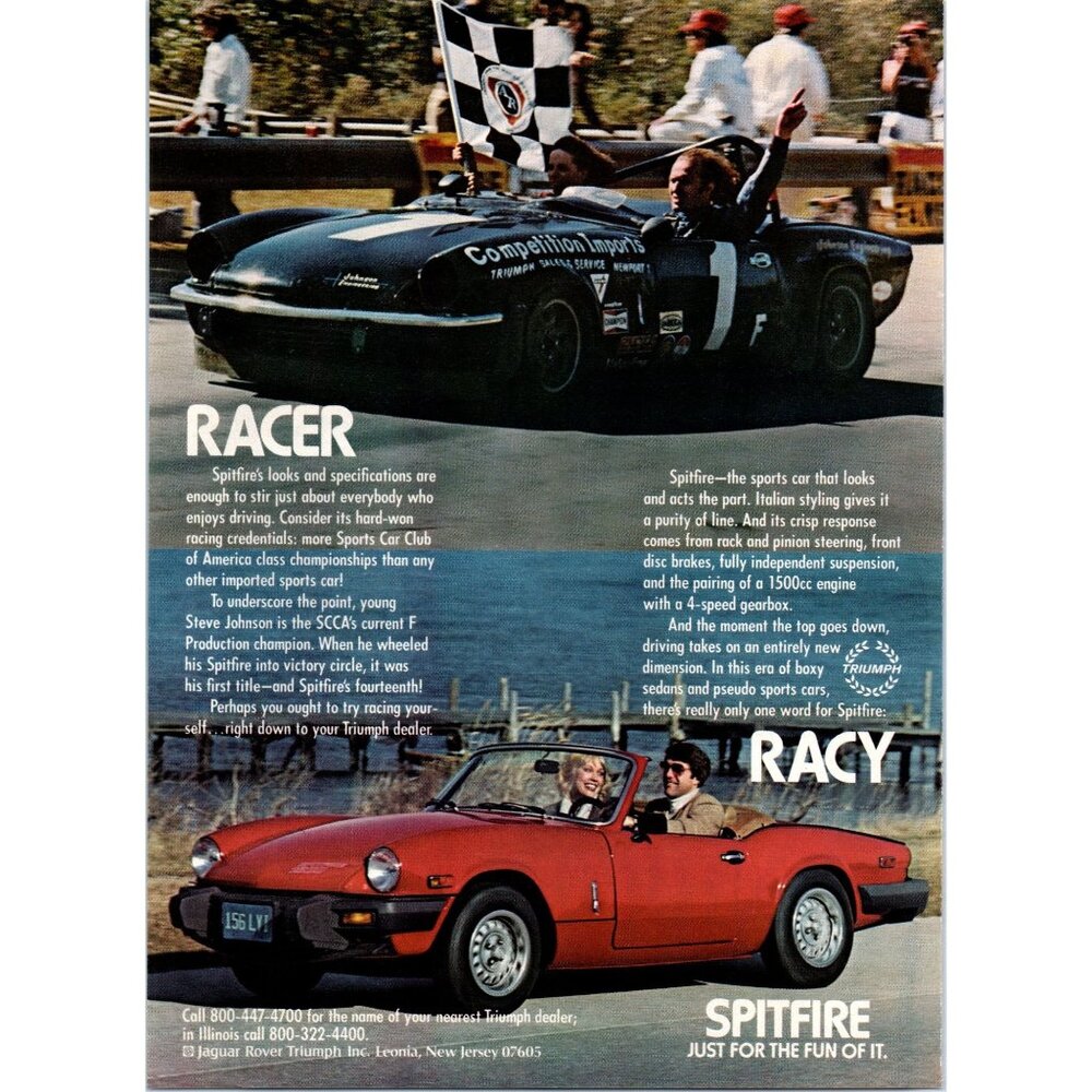 1980 Triumph Spitfire Convertible Roadster Vintage Print Ad SCCA 80s Wall Art